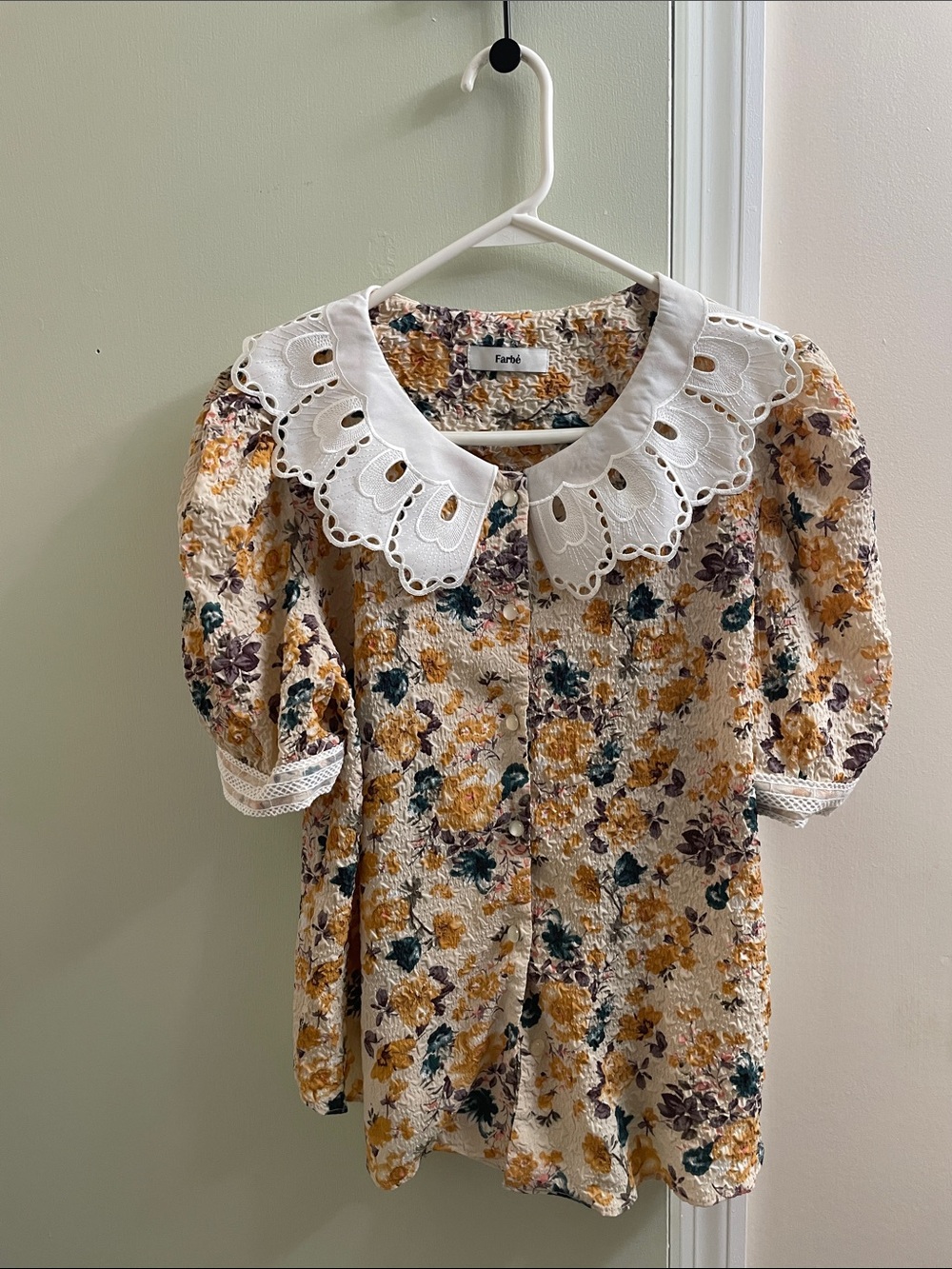 Floral Eyelet Collar Blouse in Mustard and Green